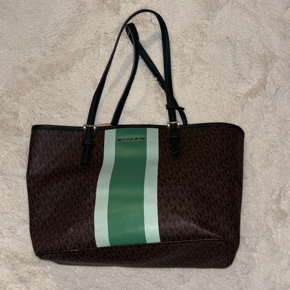 Michael Kors Brown Tote with Green Stripe - Picture 1 of 3